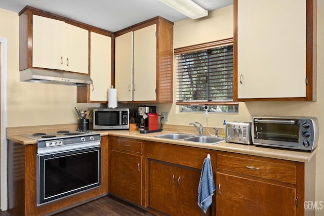 kitchen with range with electric cooktop, a sink, under cabinet range hood, stainless steel microwave, and a toaster