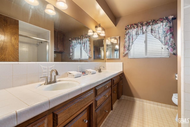 bathroom featuring toilet, vanity, and walk in shower