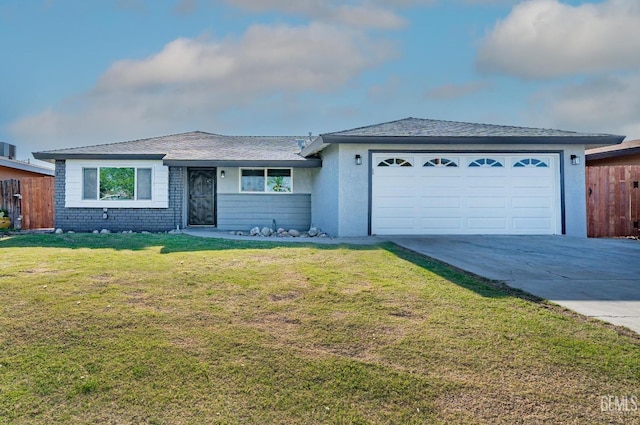 ranch-style house with driveway, a front yard, a garage, fence, and a shingled roof
