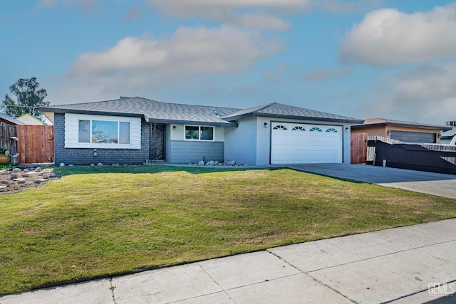 ranch-style house featuring driveway, a garage, fence, and a front lawn