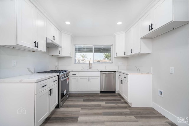 kitchen with white cabinets, a sink, under cabinet range hood, recessed lighting, and stainless steel appliances