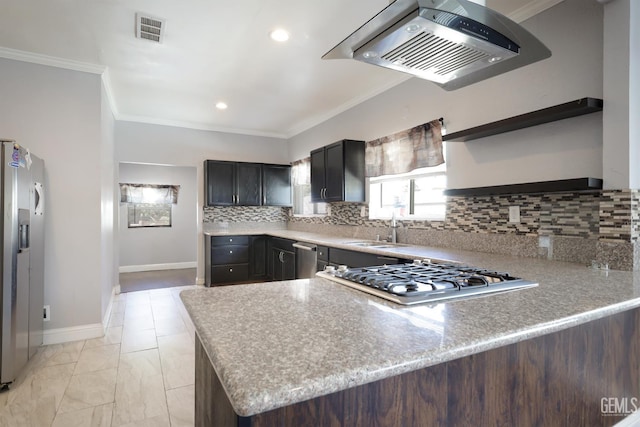 2200 Park Way, Bakersfield, CA 93304 - kitchen with open shelves, a sink, appliances with stainless steel finishes, island exhaust hood, and crown molding