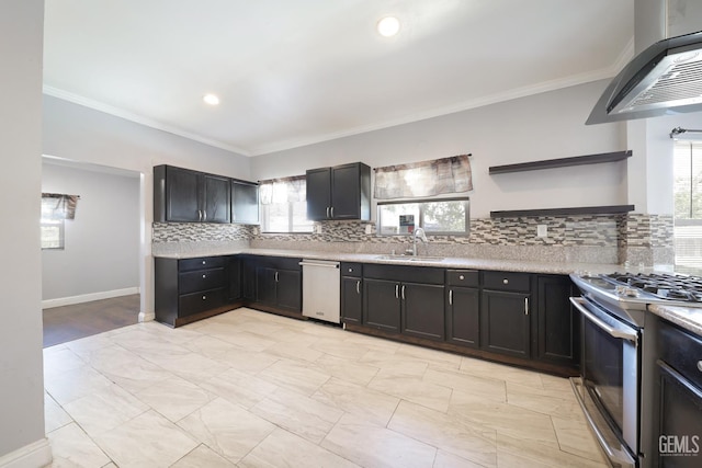 2200 Park Way, Bakersfield, CA 93304 - kitchen with open shelves, stainless steel appliances, wall chimney range hood, a sink, and decorative backsplash