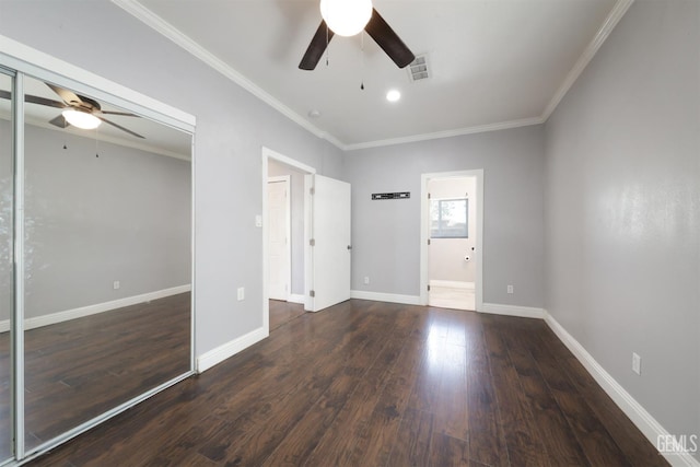 2200 Park Way, Bakersfield, CA 93304 - unfurnished bedroom with ornamental molding, wood finished floors, a ceiling fan, baseboards, and ensuite bath