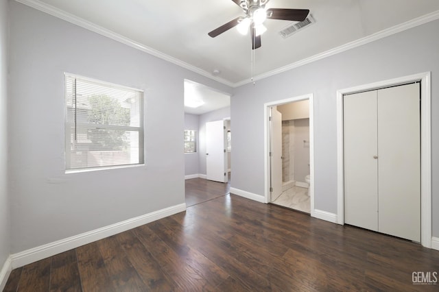 2200 Park Way, Bakersfield, CA 93304 - unfurnished bedroom featuring ornamental molding, wood finished floors, baseboards, ensuite bath, and ceiling fan