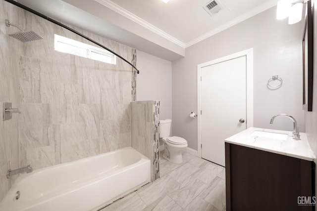 2200 Park Way, Bakersfield, CA 93304 - bathroom featuring toilet, ornamental molding, shower / bath combination, double vanity, and marble look tiles