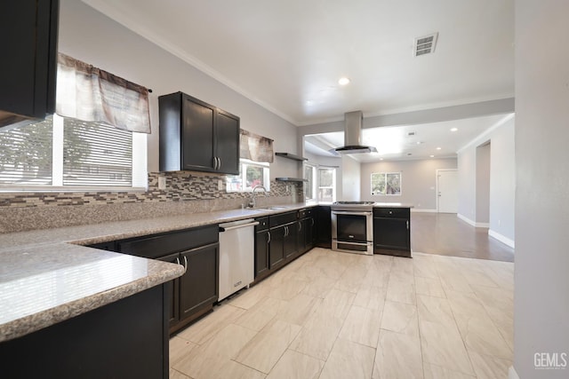 2200 Park Way, Bakersfield, CA 93304 - kitchen featuring appliances with stainless steel finishes, island range hood, ornamental molding, tasteful backsplash, and a sink