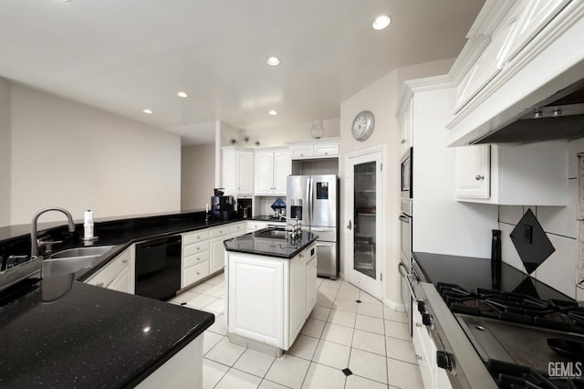 kitchen with a kitchen island, custom exhaust hood, sink, white cabinetry, and stainless steel appliances