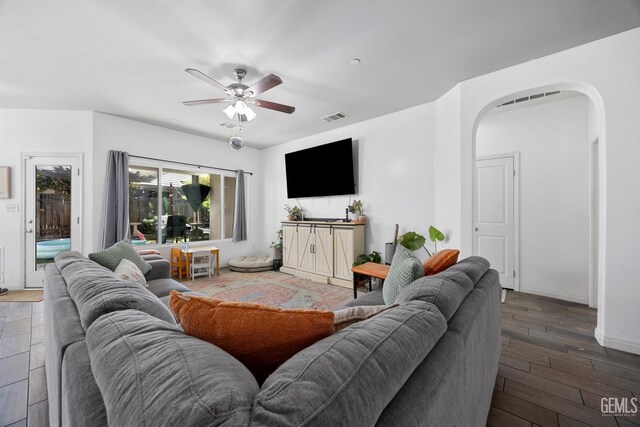 2004 Suncrisp Ln, Bakersfield, CA 93312 - living room featuring ceiling fan, wood finished floors, and arched walkways