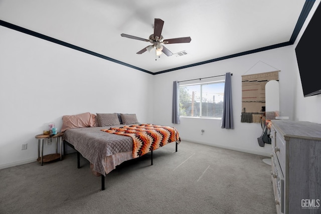 2004 Suncrisp Ln, Bakersfield, CA 93312 - bedroom with light colored carpet, crown molding, and ceiling fan