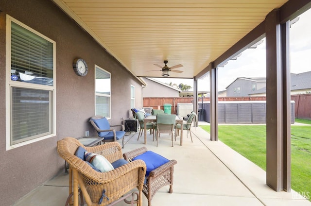 9109 Red Pine Dr, Shafter, CA 93263 - view of patio with ceiling fan, a fenced backyard, and outdoor dining space