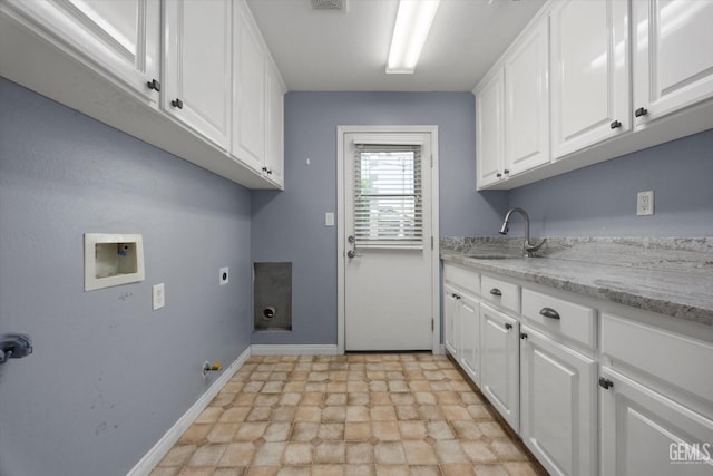 9508 Canyon Lake Ct, Bakersfield, CA 93312 - laundry area with cabinet space, washer hookup, a sink, baseboards, and electric dryer hookup