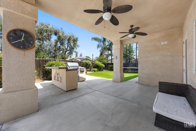 9508 Canyon Lake Ct, Bakersfield, CA 93312 - view of patio / terrace with a fenced backyard, a trampoline, a ceiling fan, and area for grilling