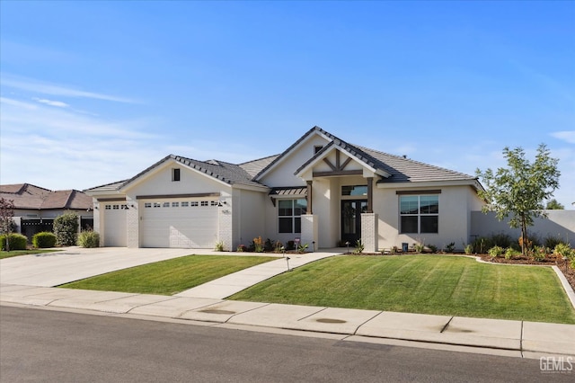 16711 Keystone Pl, Bakersfield, CA 93314 - view of front facade featuring a garage, a front yard, concrete driveway, stucco siding, and a tile roof