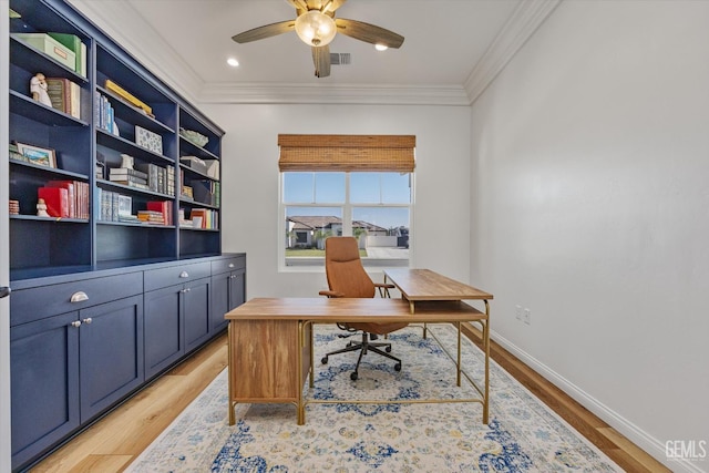 16711 Keystone Pl, Bakersfield, CA 93314 - office featuring ceiling fan, light wood finished floors, and crown molding