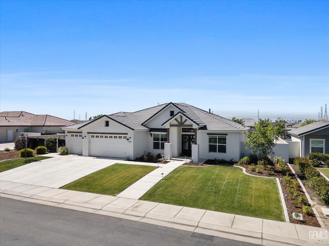 16711 Keystone Pl, Bakersfield, CA 93314 - single story home featuring a garage, a front lawn, driveway, a tiled roof, and stucco siding