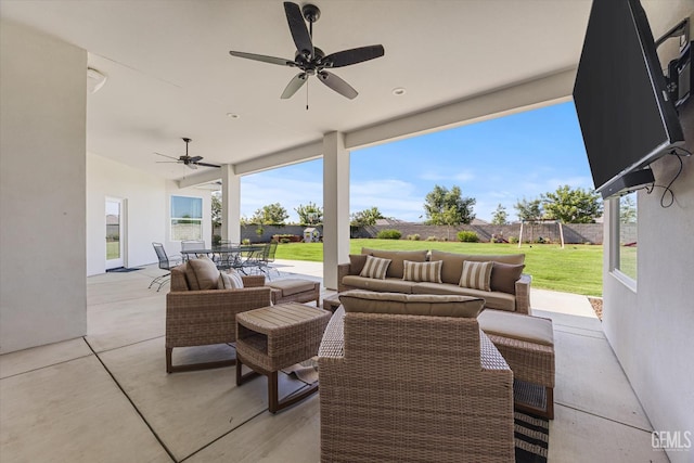 16711 Keystone Pl, Bakersfield, CA 93314 - fenced backyard featuring an outdoor hangout area, outdoor dining area, a ceiling fan, a patio, and a playground