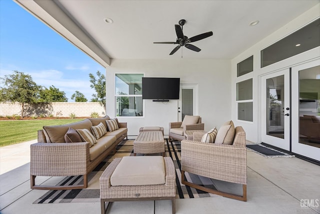 16711 Keystone Pl, Bakersfield, CA 93314 - view of patio featuring an outdoor living space, ceiling fan, and french doors