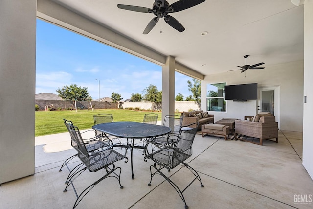 16711 Keystone Pl, Bakersfield, CA 93314 - fenced backyard featuring ceiling fan, outdoor lounge area, a patio, and outdoor dining area
