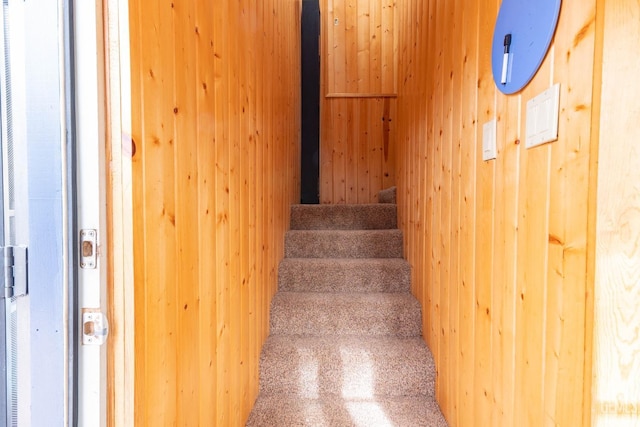 stairway featuring wood walls