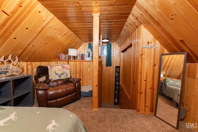 unfurnished bedroom featuring carpet flooring, wood walls, wood ceiling, and lofted ceiling