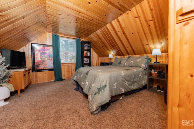 bedroom with wood walls, wooden ceiling, light carpet, and vaulted ceiling