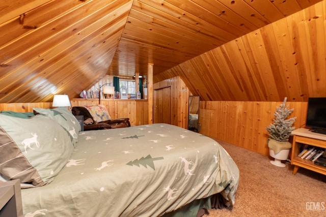 carpeted bedroom featuring wood walls, wood ceiling, and lofted ceiling