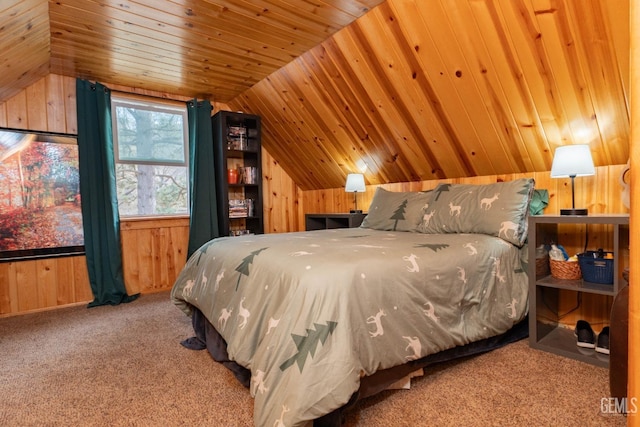 carpeted bedroom with wood walls, wooden ceiling, and lofted ceiling