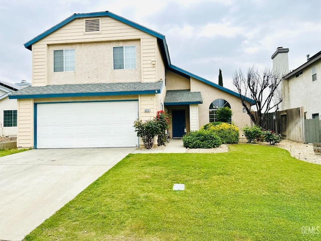 view of front of home with fence, a front lawn, driveway, roof with shingles, and a garage