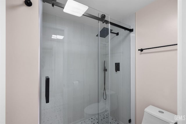 bathroom featuring toilet and a stall shower