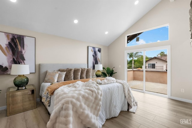 bedroom featuring recessed lighting, high vaulted ceiling, light wood-type flooring, access to exterior, and baseboards