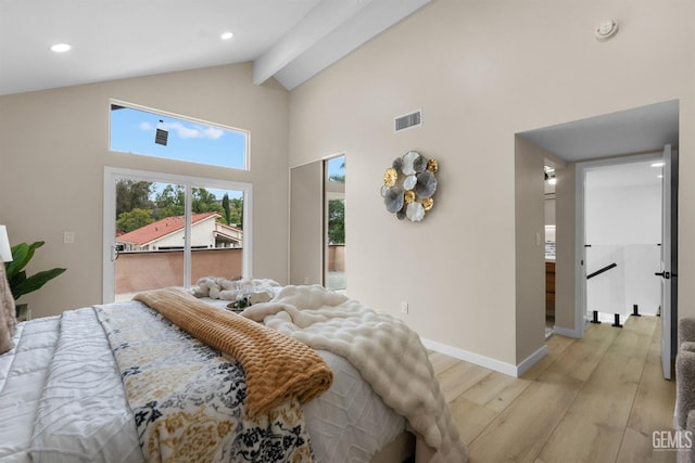 bedroom with visible vents, access to exterior, recessed lighting, light wood finished floors, and high vaulted ceiling