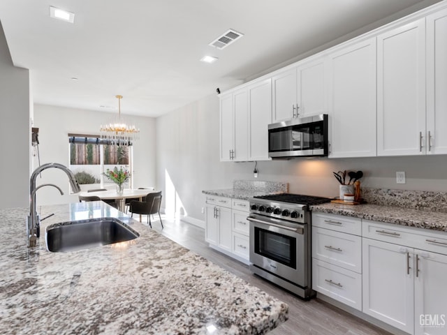 kitchen featuring visible vents, appliances with stainless steel finishes, white cabinets, and a sink