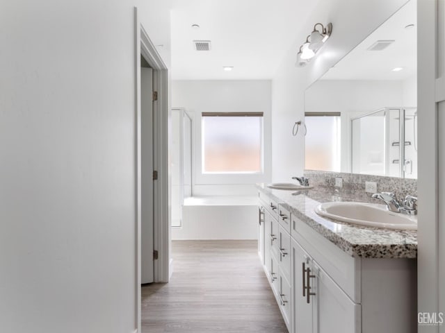 bathroom featuring double vanity, wood finished floors, a sink, and visible vents