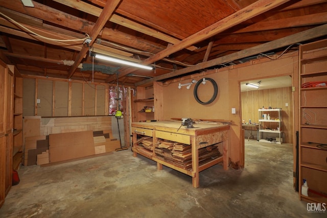 basement with a workshop area and wood walls