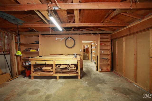 basement with a workshop area