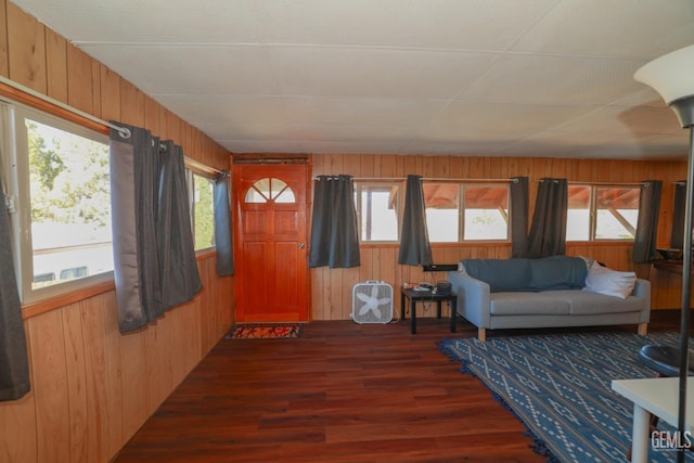 living room with dark wood-type flooring and wood walls