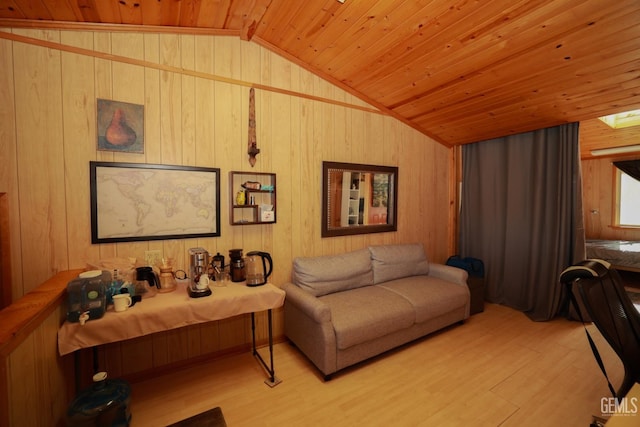 living room with light wood-type flooring, vaulted ceiling, wooden walls, and wood ceiling