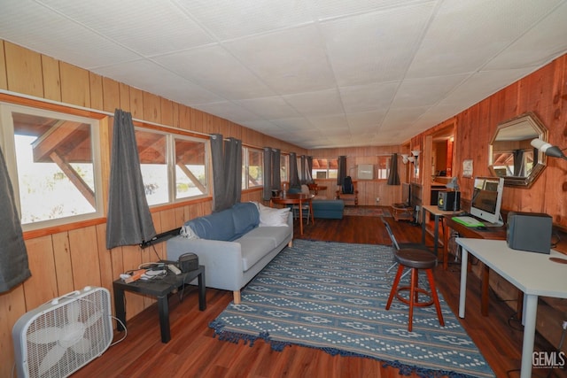 living room featuring wooden walls and hardwood / wood-style flooring