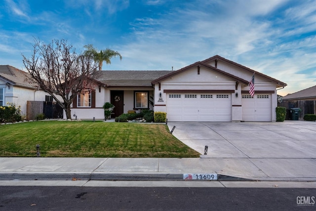 single story home with a garage and a front yard