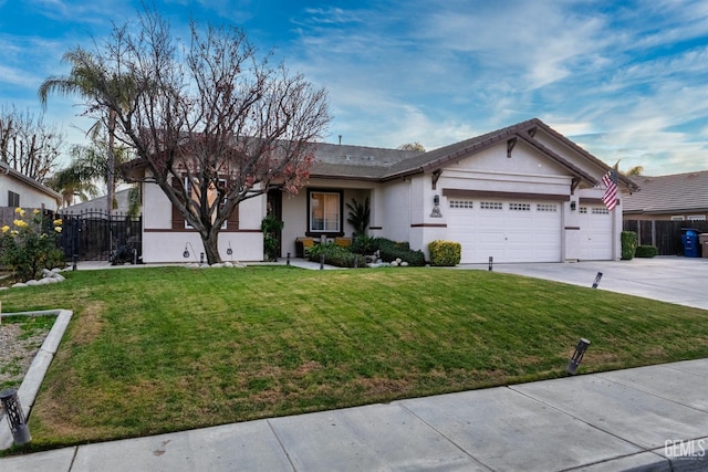 single story home featuring a garage and a front lawn