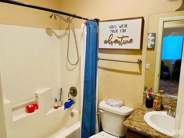 full bathroom with toilet, shower / bath combo, and vanity