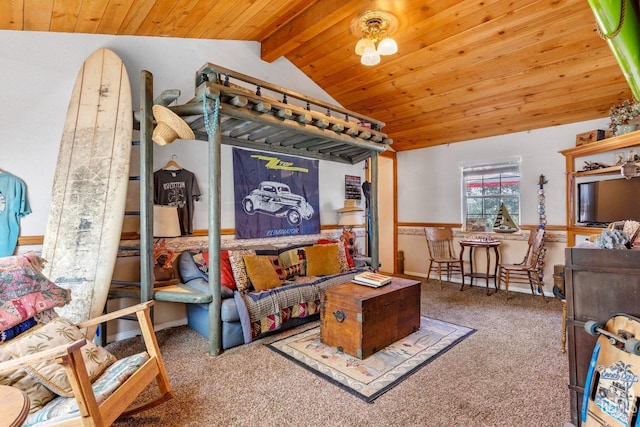 carpeted living room with lofted ceiling with beams and wooden ceiling