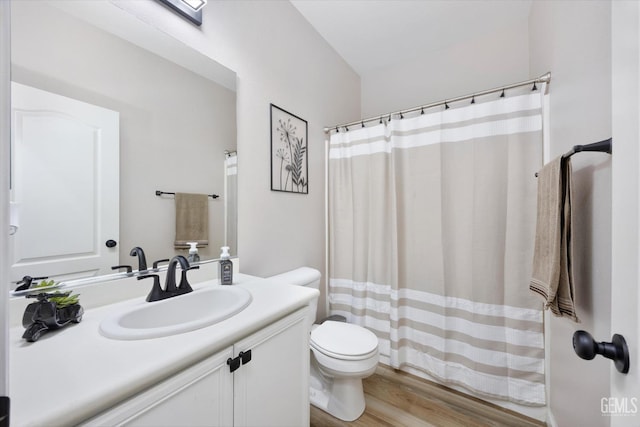 5711 Cordonata Way, Bakersfield, CA 93306 - bathroom featuring toilet, vanity, wood finished floors, and a shower with shower curtain