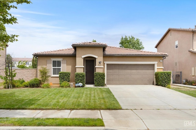 5711 Cordonata Way, Bakersfield, CA 93306 - mediterranean / spanish-style house with a garage, a tiled roof, stucco siding, and driveway