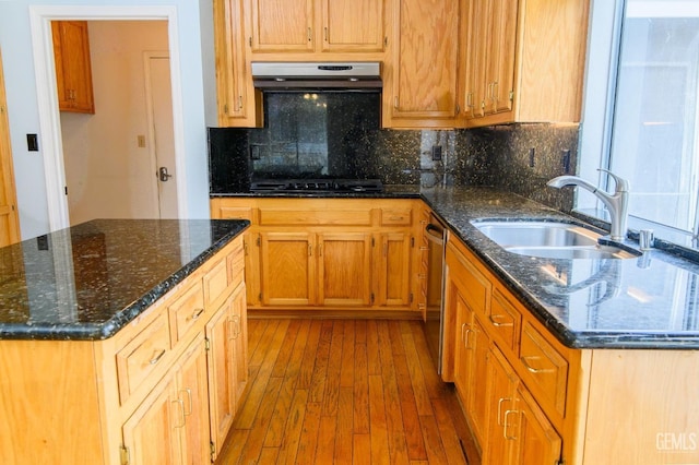 kitchen with a center island, black gas stovetop, sink, tasteful backsplash, and extractor fan