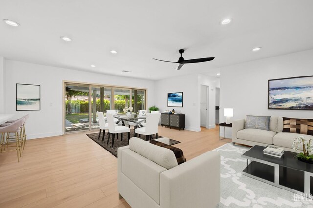 2330 Myrtle St, Bakersfield, CA 93301 - living room featuring light wood finished floors, baseboards, ceiling fan, and recessed lighting