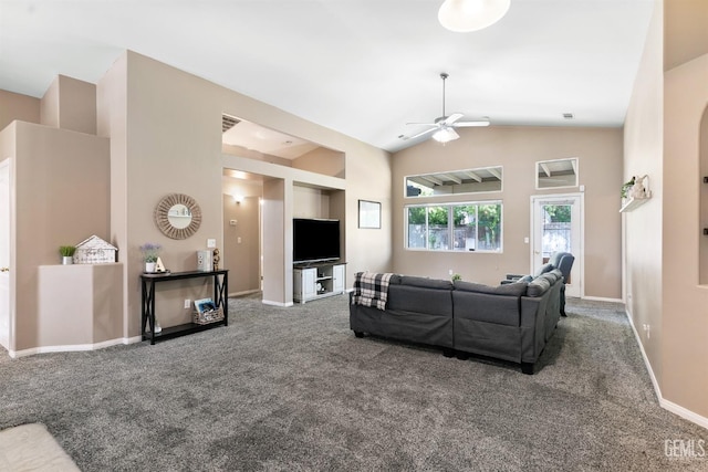 living room featuring visible vents, lofted ceiling, a ceiling fan, carpet flooring, and baseboards