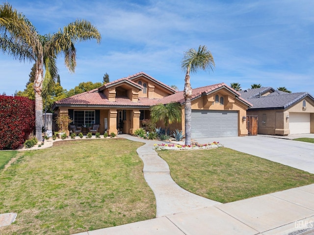 view of front of home featuring concrete driveway, a front lawn, a garage, and stucco siding