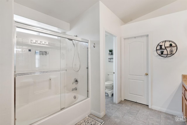 bathroom featuring vanity, baseboards, lofted ceiling, bath / shower combo with glass door, and toilet